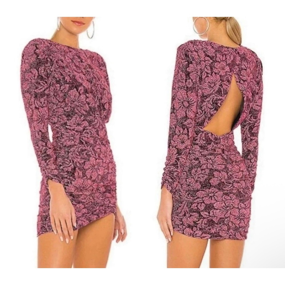 For Love & Lemons Floral Ruched Mini Dress Size XS Open Back Pink Metallic Glam